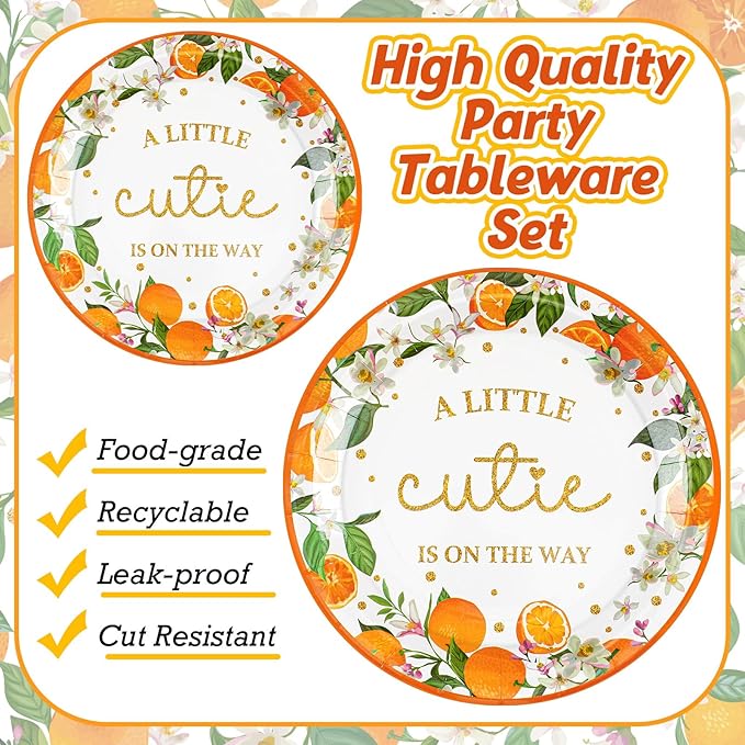 350 Pcs a Little Cutie Is on The Way Baby Shower Tableware Set, Baby Shower Plates Napkins Cups Dessert Forks Disposable Supplies for 50 Guests, Cute Orange Party Decoration