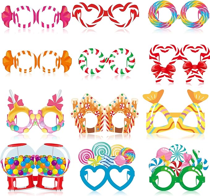 Pajean 36 Pcs Candy Party Decorations Candy Photo Booth Prop Christmas Eyeglasses Paper Glasses Frame Lollipop Themed Favor for Christmas Birthday Baby Shower Party Supplies
