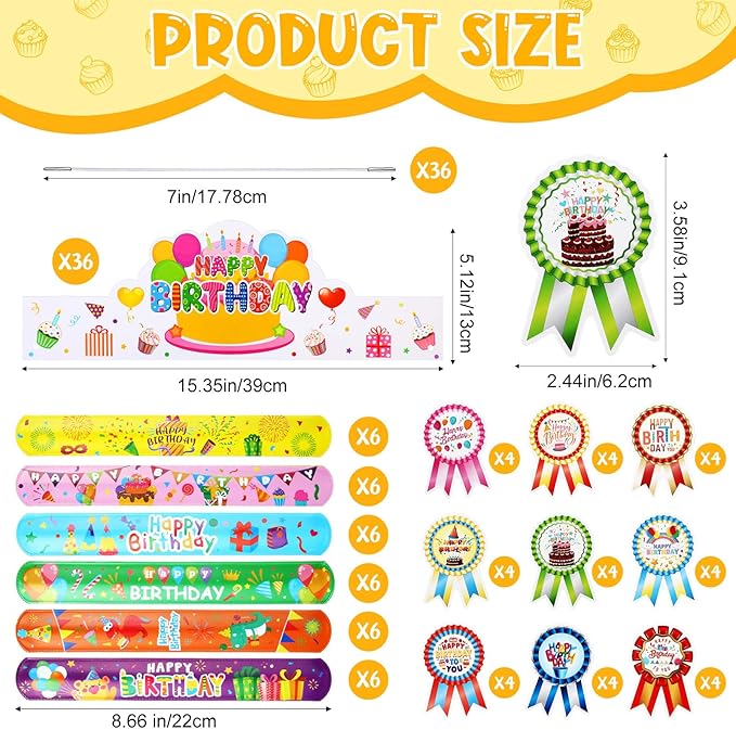 Yunsailing 108 Pcs Happy Birthday Party Supplies for Kids Include 36 Birthday Paper Crowns 36 Badge Stickers and Slap Bracelets for Classroom School Party Supply(Cute Style)