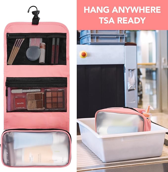 Travel Toiletry Bag Set for Women, Compact Size 5-Piece Hanging Organizer Kit with TSA Approved Cosmetic Bag, Jewelry Case & Cable Pouch, Waterproof Makeup Bag for Travel Essentials- Pink