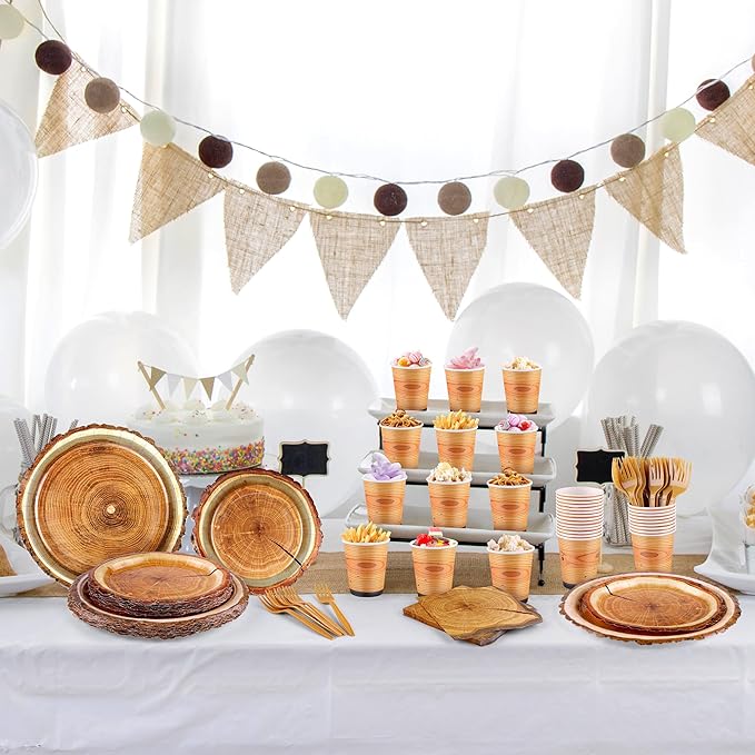 durony 144 Pieces Camping Wood Grain Slice Dinnerware Set Rustic Wood Party Supplies Paper Plates Napkins Serve 24 for Forest Themed Party Decorations Camping Birthday Supplies