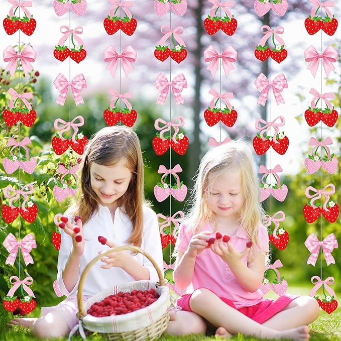 Xinnun Pink Bow Strawberry Party Decorations Pink Bow Hanging Banners Berry Sweet Banner Decor Bowknot Theme Streamer for Summer Birthday Bridal Engagement Bachelorette Wedding Party Decor(Strawberry)