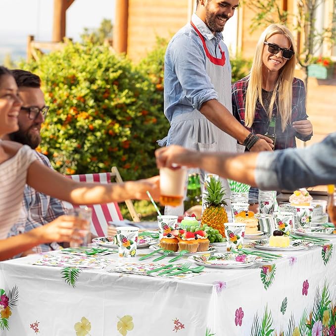 452 Pcs Hawaiian Party Decorations, Tropical Luau Paper Plates Napkins Cups Tablecloth Cutlery Straws for Summer Beach Aloha Floral Hawaiian Birthday Party Supplies Favors, Serves 50