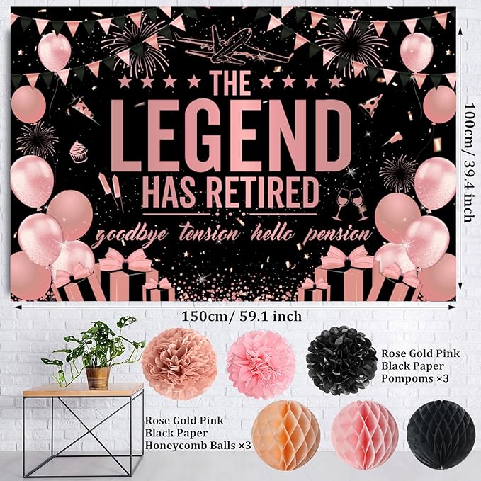 Retirement Party Decorations Women, Rose Gold Black Happy Retirement Decorations Female, Happy RetIrement Banner, Retired Backdrop, Balloons, Pompom, Hanging Swirl, Retired Card, Cake Topper 54pcs