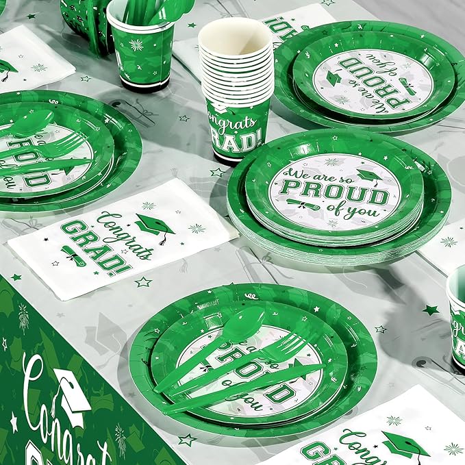 Graduation Party Supplies Congrats Grad Plates and Napkins Set Disposable Tableware Paper Plates Napkins Cups Knives Spoons Forks Straws for Class of 2026 Graduation Party Decorations Serve100 (Green)