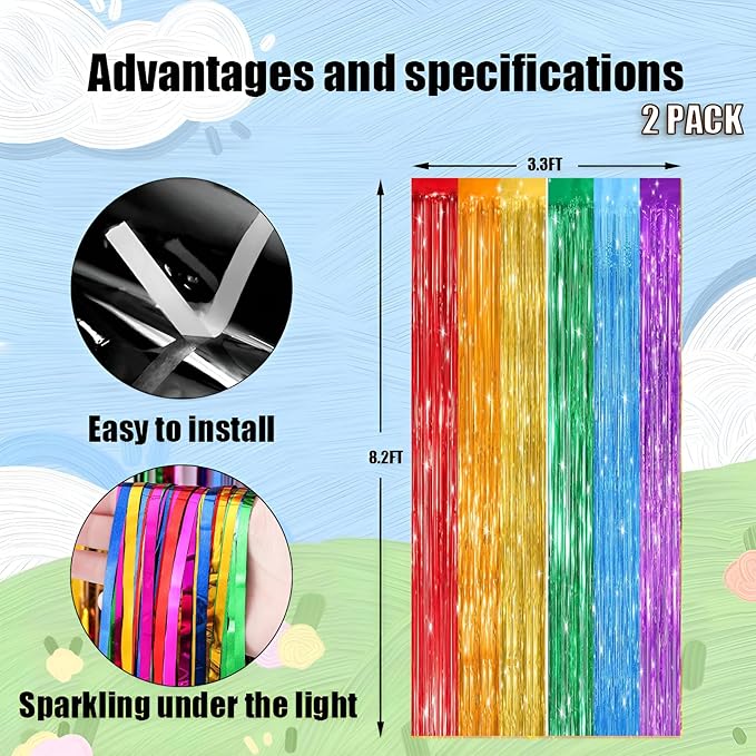 Valentines Day 2 Pack 3.3 * 8.3 ft Foil Curtain Metallic Tinsel Fringe Curtains Photo Booth Props Backdrop for Birthday Wedding Engagement Baby Shower Christmas Holiday Celebration Party，Rainbow
