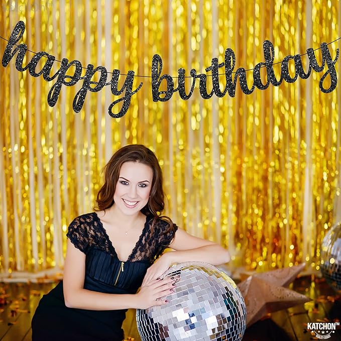 KatchOn, Glitter Cursive Black Happy Birthday Banner - Pre-Strung, 10 Feet | Happy Birthday Sign | Birthday Decorations for Women, Men, Boys and Girls | Birthday Party Decorations