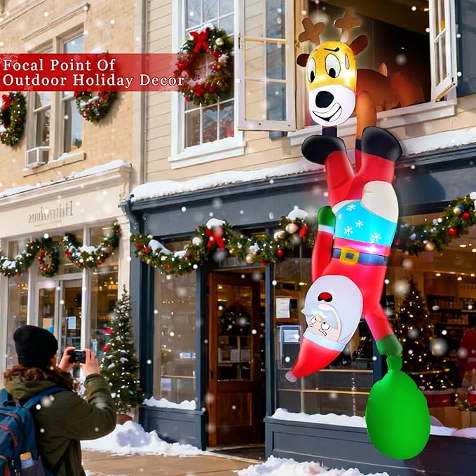 TURNMEON 8 Ft Christmas Inflatable Reindeer & Climbing Santa Claus, Funny Hanging Outdoor Decoration with Built-in LED Light for Yard & Indoor Garden Lawn Party