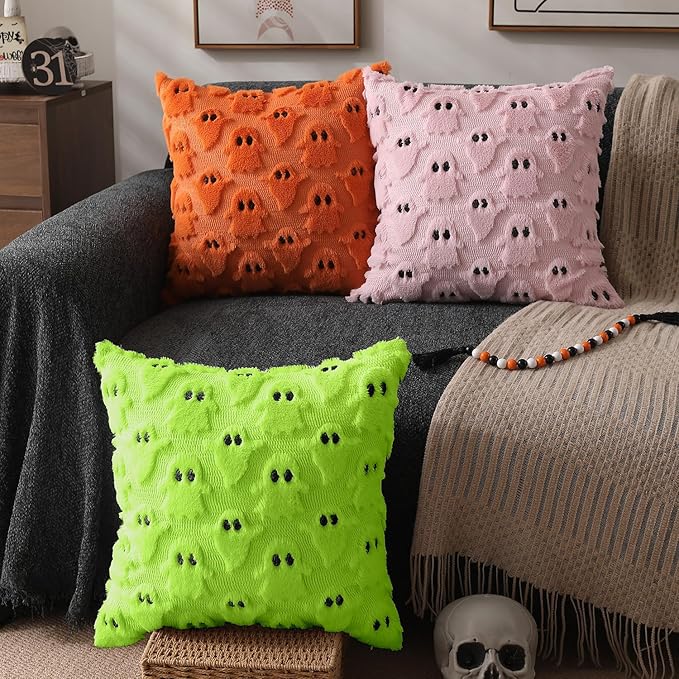 DFXSZ Halloween Pillow Covers 18x18 inch Set of 2 Green Ghost Throw Pillow Cases Soft Plush Faux Fur Wool Couch Cushion Case for Chair Sofa Bedroom Living Room Home Decor PTK03Y18