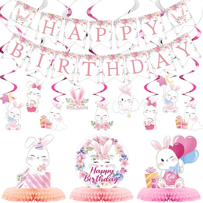 26 Pcs Easter Bunny Birthday Party Decorations Kit Supplies Bunny Birthday Banner Honeycomb Centerpiece Rabbit Hanging Swirls Cutouts for Girl Baby Shower Party Supplies
