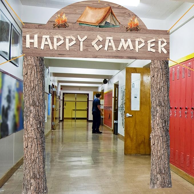 Peryiter 3 Pcs Camping Themed Party Decorations Banner Welcome Porch Sign with 1 Double Sided Tape for Summer Camp Birthday Hawaii Baby Shower Themed Party Activity Decor Door(Happy Camper)