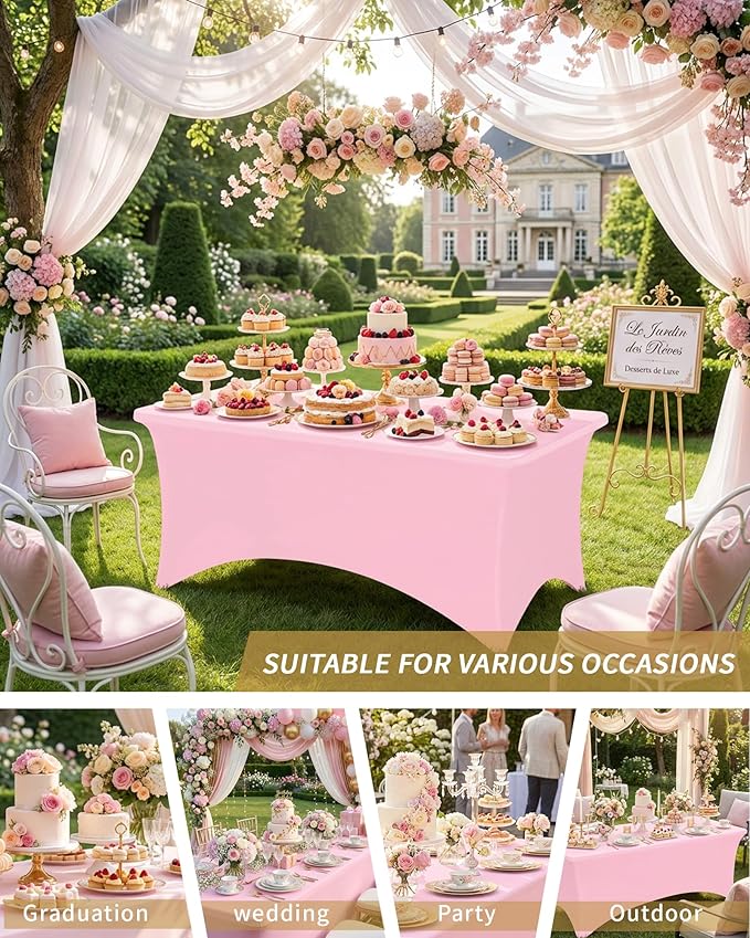 Fixwal 3 Pack Pink Table Cloths Rectangle 8FT, Tablecloths Rectangular Stretch Spandex Fitted Table Covers 8ft for Parties, Trade Shows, Banquet, Weddings, Buffet, Graduation