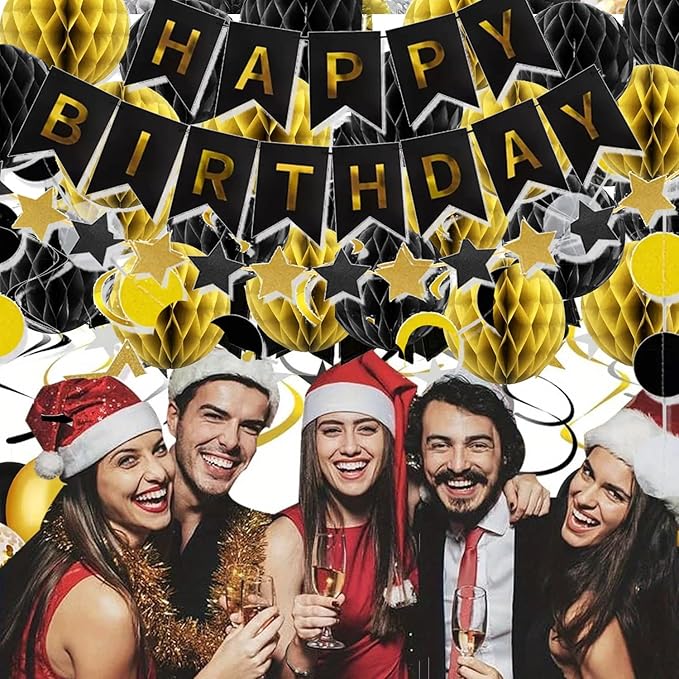 Birthday Decoration with Black&Gold Honeycomb Balls, Stars Hanging Swirl Streamers, Circle Dots Garland, Birthda y Party Decorations for for Birthday Party Decorations