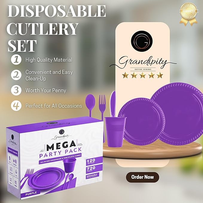 Grandipity 720 Piece Disposable Dinnerware Set, Plastic Dinnerware Set Includes 120 Count 9' Dinner Plates, 7' Dessert Plates, 12oz Cups, Forks, Knives & Spoons - Purple