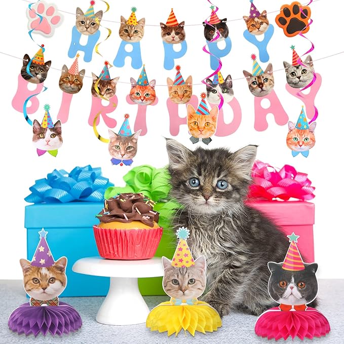 Chinco 16 Pcs Cat Theme Birthday Party Decorations Party Supplies Kit, Includes Cat Party Banner with 6 Hanging Cutouts 6 Hanging Swirl Decor and 3 Birthday Honeycomb Party Decoration(Cute Style)