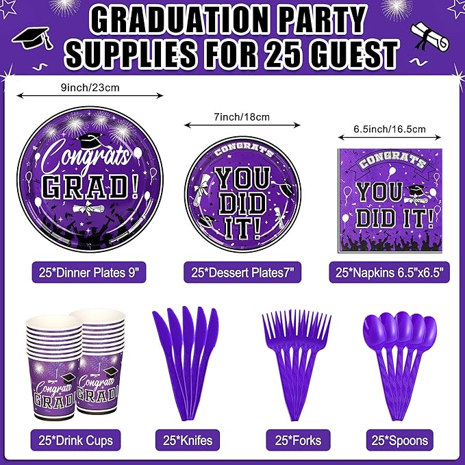 175PCS Graduation Plates and Napkins Set 2026 Graduation Party Supplies Tableware Set Include Paper Plate Napkin Cup Knife Fork Spoon for Grad Party Decor Serve25(Purple and black)
