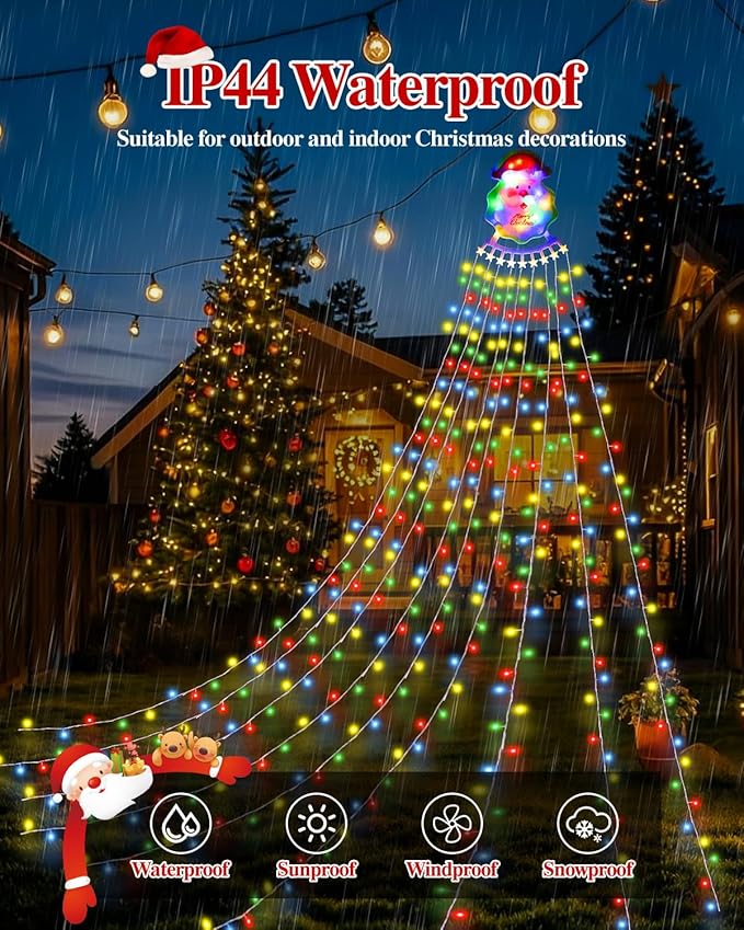 Christmas Waterfall Outdoor String Lights, Christmas Tree Lights with Topper 335 LED 11.48ft 9 Strands, 8 Lighting Modes Holiday New Year Decoration Lights for Wedding Yard Party Home Indoor Decor