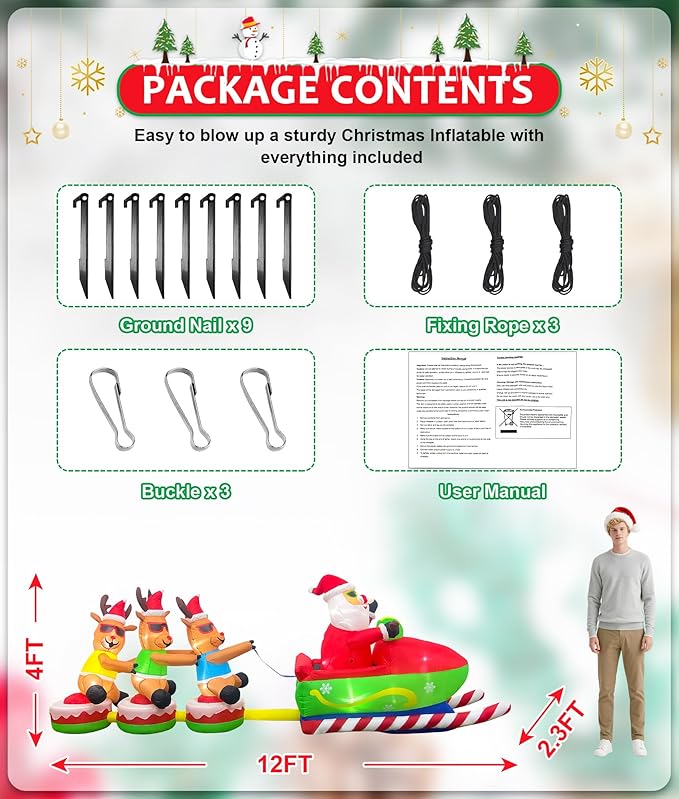 EAONE 12FT Christmas Inflatables Outdoor Decorations, Giant Blow ups Yard Decoration Inflatable Santa Claus Drive Sleight with 3 Reindeers, with Built-in LEDs for Indoor Outdoor Home Holiday Decor