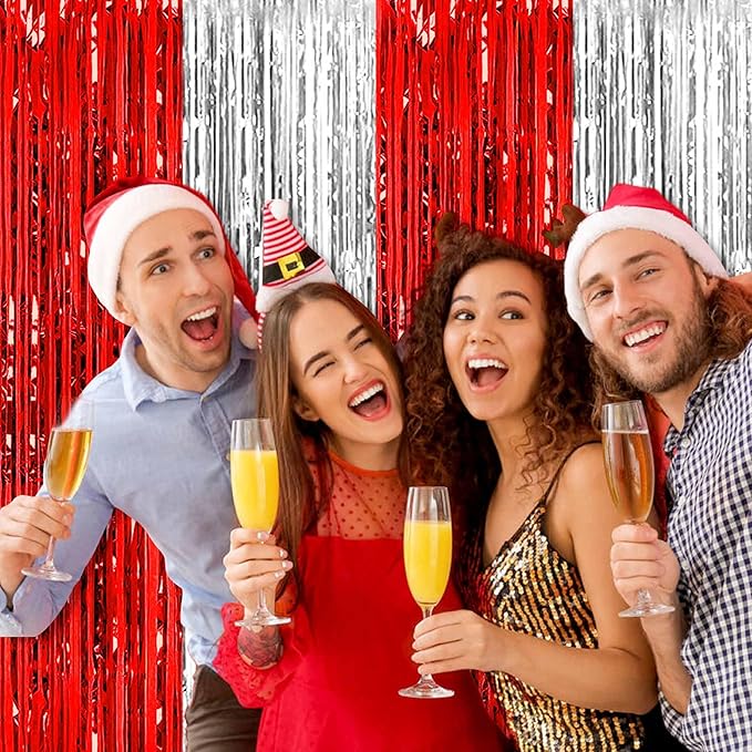 6 Pack Red and Silver Foil Fringe Curtains Backdrop, 3.28 x 9.8 Ft Metallic Streamers Tinsel Curtains Background for Photo Booth, Birthday, Halloween, Christmas, New Year Party Decorations