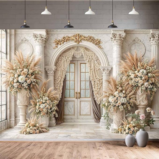 8X6ft European Retro Palace Backdrop Elegant Boho Flowers Photography Background Luxurious Dreamlike Wedding Bridal Shower Party Decoration Supplies Cake Table Photo Booth Studio Props