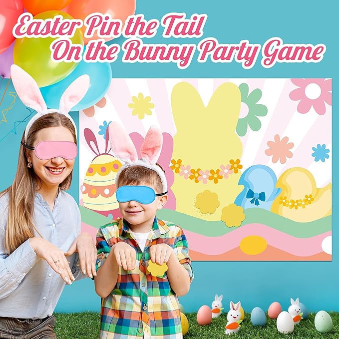 Pin The Tail On The Bunny Game Happy Easter Chick Large Poster with 24 Pcs Stickers Blindfolds Fun Classroom Entertaining Activity for Spring Egg Hunt Birthday Party Decorations Wall Decor