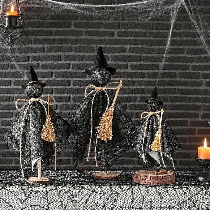 Halloween Decorations Indoor - 3 Set Primitive Halloween Wtich with Hat, Wooden Stand Witch Decor for Table Centerpieces, Mantels, Shelves, Vintage Spooky & Festive Party Decor