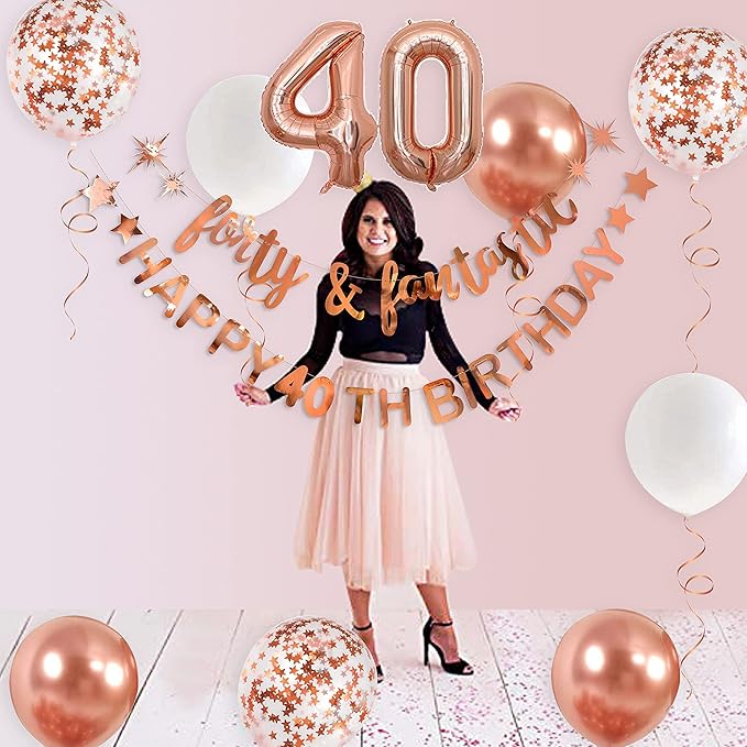 Rose Gold 40th Birthday Decorations for Women Forty & Fantastic Happy 40th Birthday Banner Garland Foil Balloon 40 for Womens 40 and Fabulous Cheers to 40 Years Old Birthday Party Supplies Backdrop