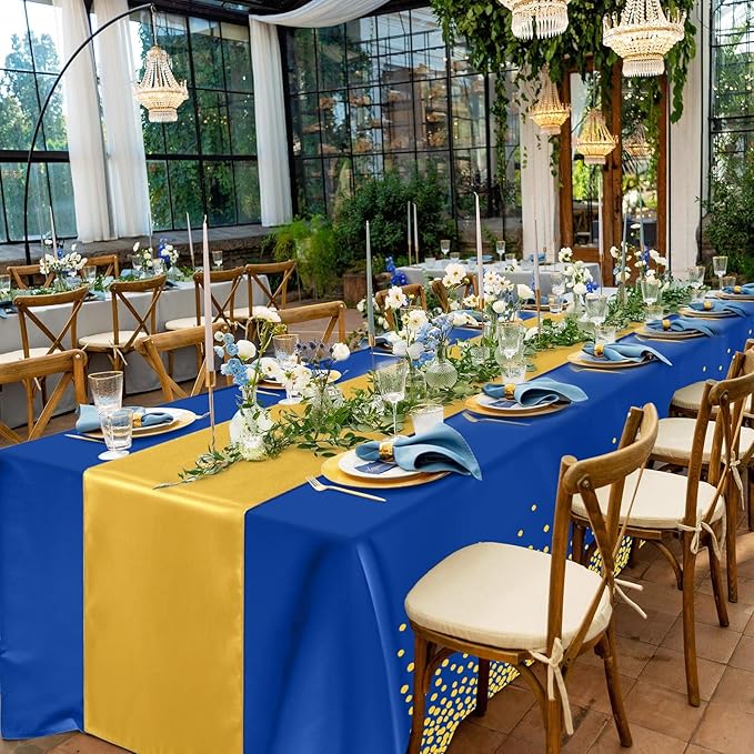 Breling 24 Packs Navy Blue and Gold Disposable Plastic Tablecloths and Satin Table Runner Set, 54 x 108 Inch Tablecloth, 12 x 108 Inch Table Runners for Wedding Graduation Birthday Baby Shower