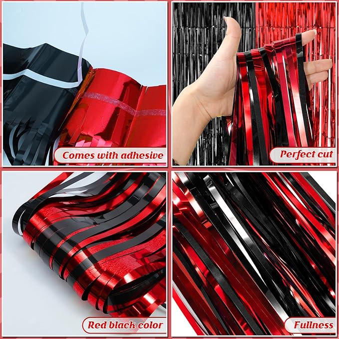 6 Pack 3.3Ft x 6.6Ft Graduation Foil Fringe Curtain Backdrop Decorations, Red Black Metallic Tinsel Foil Streamers Curtain Photo Booth Background for Graduation Prom Wedding Birthday Party Decorations
