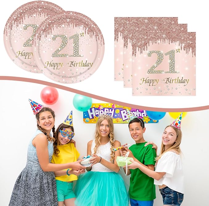 21st Rose Gold Birthday Plates and Napkins, 9 Inch Pink Rose Gold Disposable Dinner Dessert Plates Happy 21th Birthday Party Supplies Decorations for Girls Women