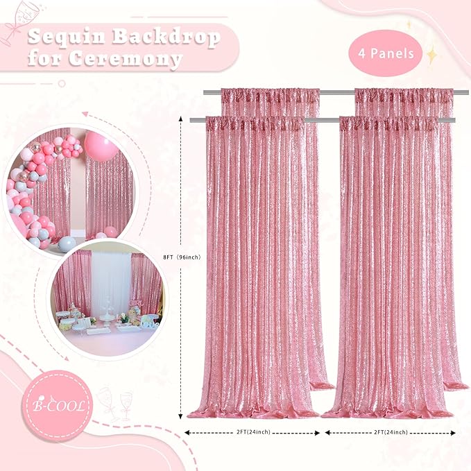 B-COOL Sequin Backdrop Curtain Fuchsia Pink Backdrop Drapes 4 Panels 2ftx8ft Pink Glitter Backdrop for Photo Ceremony Sweetheart Grils Party Decoration
