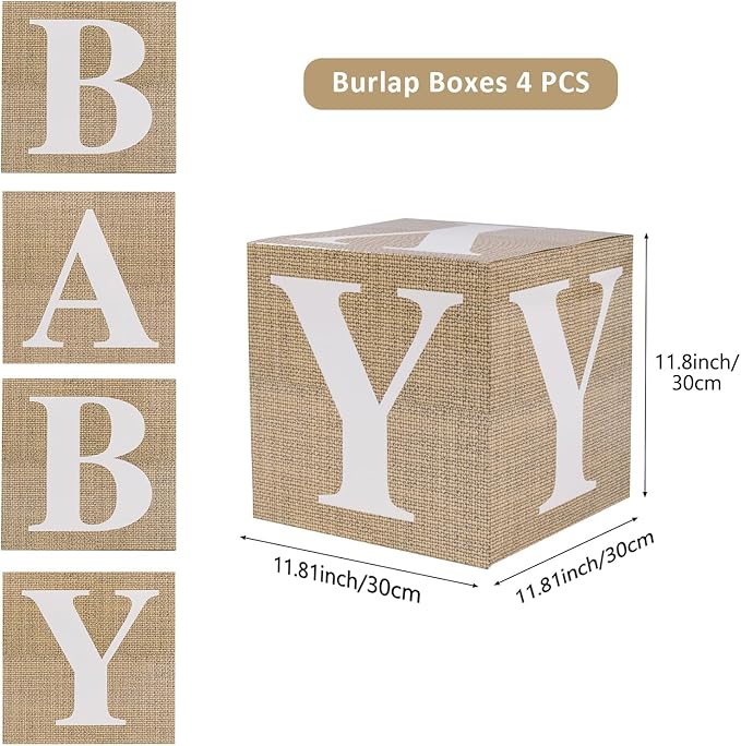 Baby Boxes with Letters for Baby Shower, 4pcs Balloon Boxes with Printed Letters for Gender Reveal Birthday Wedding Baby Shower Decorations(Burlap)