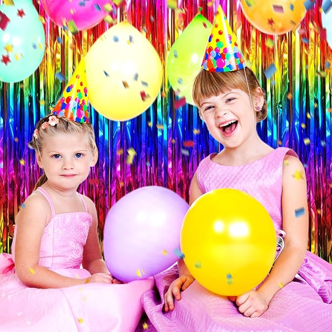3 Pack Rainbow Foil Fringe Curtain Backdrop, 3.28Ft x 6.6Ft Metallic Tinsel Foil Fringe Streamer Curtains for Photo Booth, Christmas Day, Thanksgiving, Wedding, New Year Party Decorations