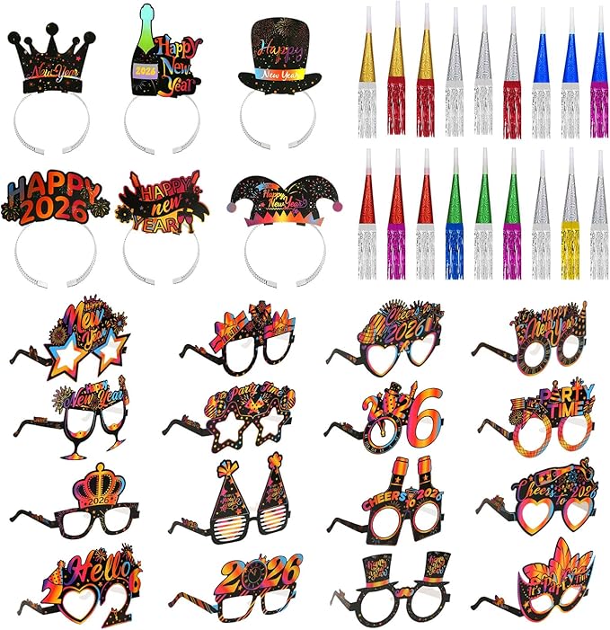 Konsait 40 PCS New Years Eve Party Supplies, Colorful Happy New Years Glasses, New Year Headband, 2026 New Year Noise Makers for Happy New Years Decorations 2026 Kit New Years Eve Party Favors