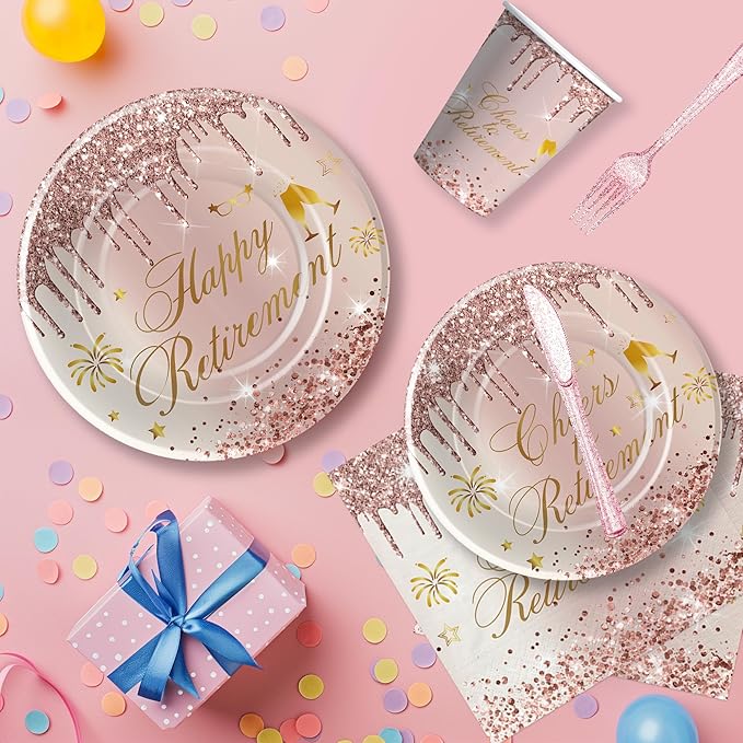 APOWBLS Retirement Decorations For Women, Rose Gold Happy Retirement Party Decorations Supplies Tableware, Paper Plate, Cup, Napkin, Tablecloth, Cutlery, Serve 24