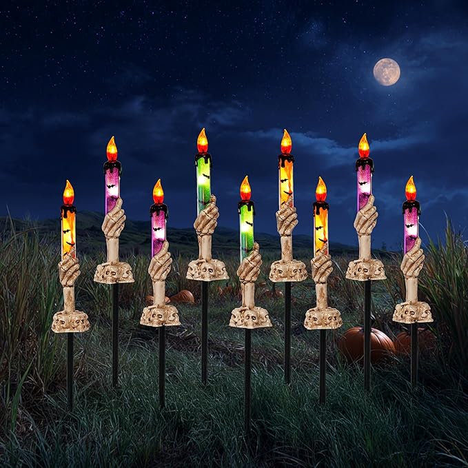 Hourleey Halloween Decorations, 10 Pack Skull Candle Lights with Stakes, Battery Operated Waterproof Pathway Decor with Timer for Indoor Outdoor Front Pathway Lawn Yard Garden