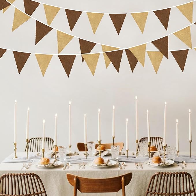46Ft Brown Party Decorations Brown Burlap Banner Triangle Pennant Flag Macaron Linen Garland Streamers for Rustic Birthday Boho Wedding Teddy Bear Baby Shower Jungle Woodland Party Decorations