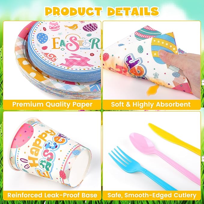 Kochorie 168 Pieces Easter Paper Plates and Napkins Colorful Happy Easter Bunny Egg Party Supplies Include Disposable Paper Plates Cups Napkins Plastic Cutlery for Spring Holiday Party Decor Serves 24