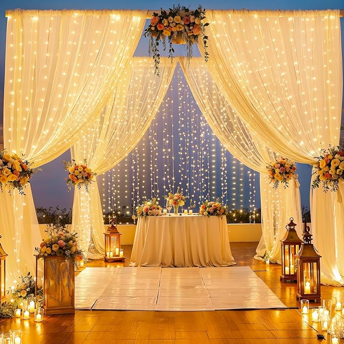 10x10FT Champagne Wrinkle Free Backdrop Curtains with Lights String for Parties - Photo Curtain Backdrop with Lights for Wedding Decorations, Bridal Baby Shower Birthday Party Photography Background