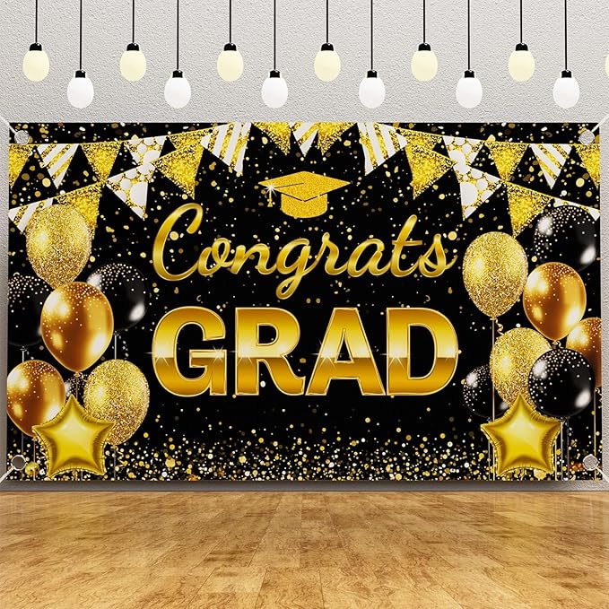 Ecomore 2026 Graduation Decorations - 245 PCS Grad Disposable Dinnerware(Serve 25) & Graduation Party Supplies With Congrats Paper Plate Cup Napkin Cutlery Tablecloth Backdrop Balloon Kit - Black Gold