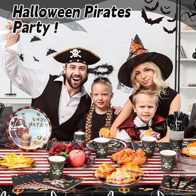 452 Pcs Party Supplies Serve 50 Guests, Paper Plates Napkins Cups Cutlery Plastic Tablecloth Dinnerware for Birthday Wedding Party Decoration(Red Black,Pirate)