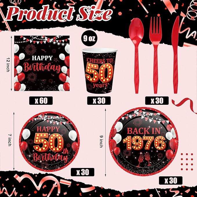 240 Pcs 50th Birthday Decorations 1976 Birthday Party Tableware Include Plates Napkins 9oz Cups Cutlery 50th Anniversary Party Supplies for Men Women Him Her, Serve 30 Guests (Black Red)