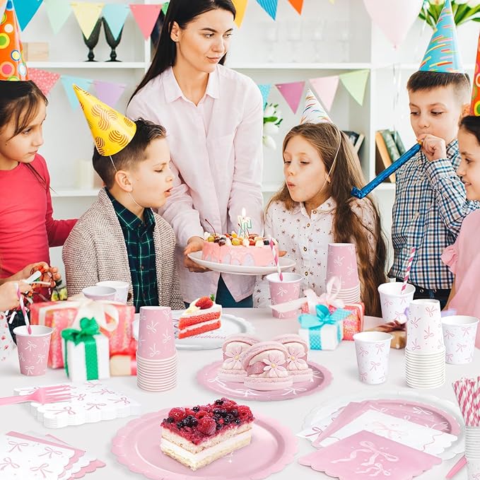 300 Pcs Pink Bow Plates, Cups, Napkins and Tableware Sets for Coquette Birthday Decorations, Party Supplies Include Straws, Pink Birthday Decorations Which Can Serve 50