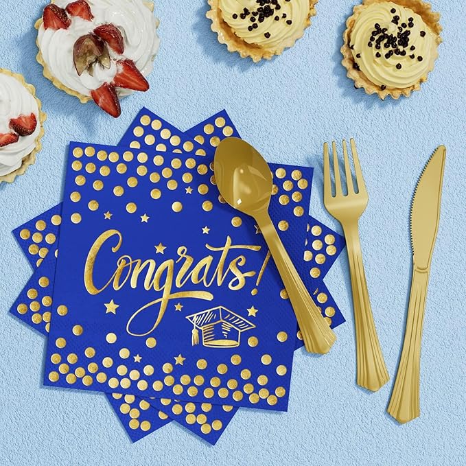 Ecomore 2026 Graduation Decorations - 245 PCS Grad Disposable Dinnerware(Serve 25) & Graduation Party Supplies With Congrats Paper Plate Cup Napkin Cutlery Tablecloth Backdrop Balloon Kit - Blue Gold