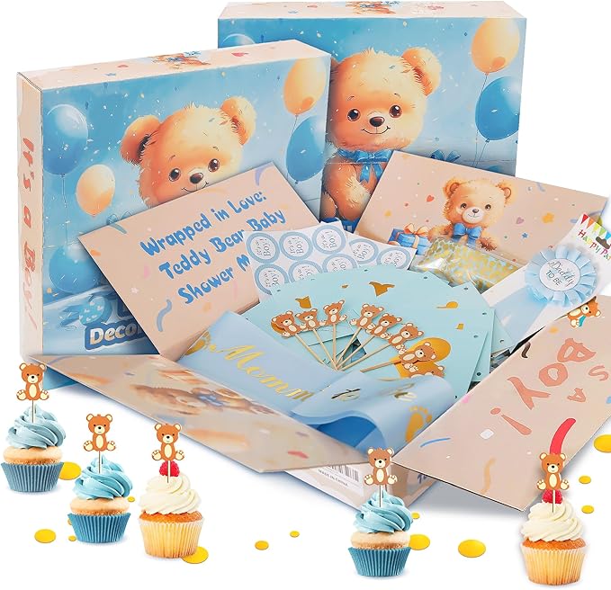 Party Spot！Bear Baby Shower Decorations Boy,80 pcs Balloons,4 Wood Grain Blocks with Letter,"We can bearly wait" Backdrop,Banner,Tablecloth,Balloon Pump, Blue Brown Bear Theme