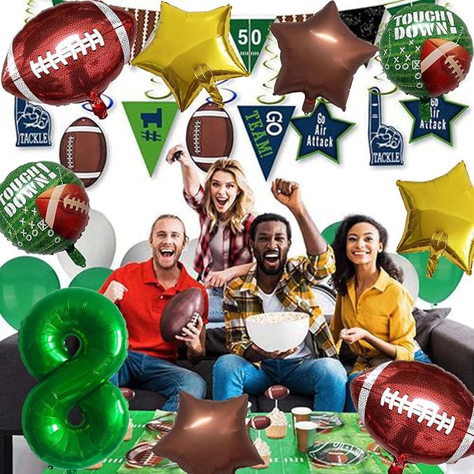 Football Balloons Foil Football Birthday Decorations Balloons Green Number 8 Balloon Gold Brown Star Touchdown Ballons for Rugby Birthday Decorations Sports Ballons Arch Kits Party Balloon Sets 9pcs