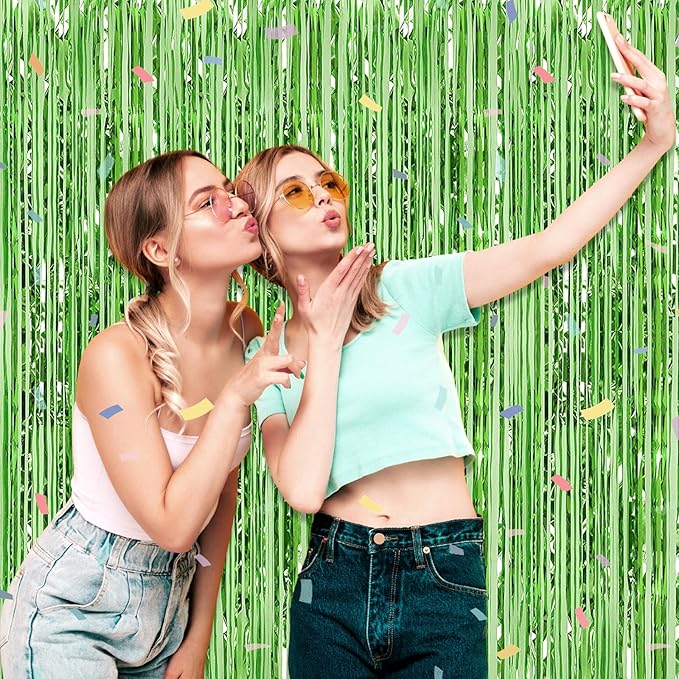 3 Pack Light Green Foil Fringe Curtain Backdrop, 3.28Ft x 6.6Ft Metallic Tinsel Foil Fringe Streamer Curtains for Photo Booth, Christmas Day, Thanksgiving, Wedding, New Year Party Decorations