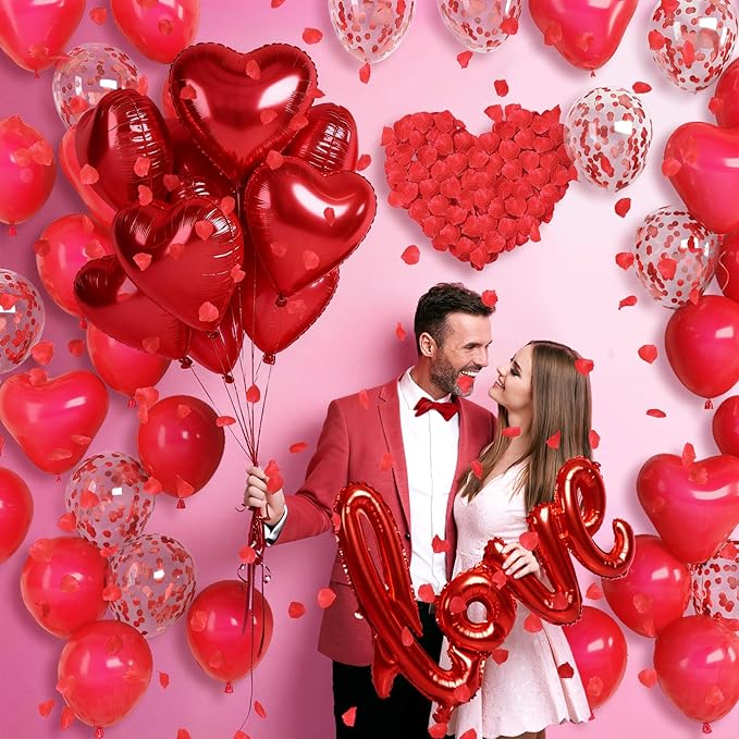 Red Heart Balloons Love Balloon Valentines Day Balloons Decorations Red Heart Shaped Confetti Latex Balloon with Rose Petals for Romantic Valentine Bridal Shower Wedding Special Night Party Decoration