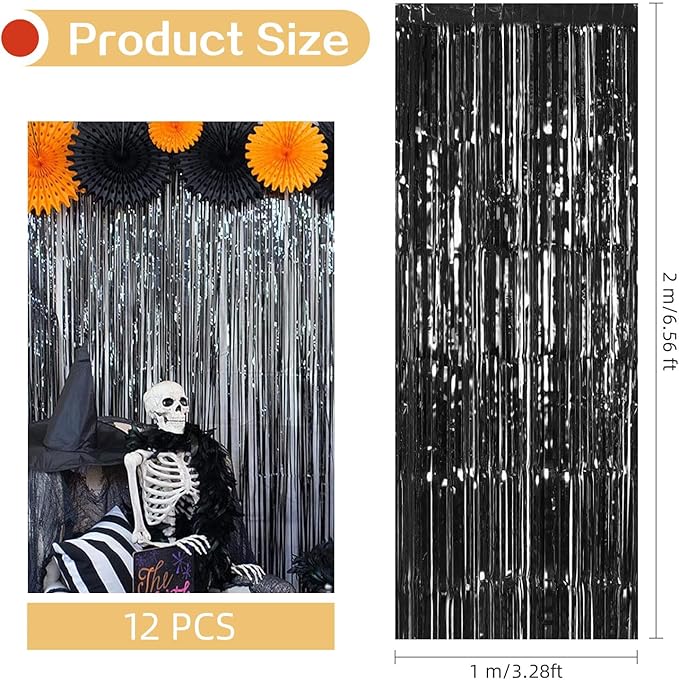 12 Pack Black Foil Curtain Backdrop 3.2ft x 6.6ft Metallic Tinsel Fringe Backdrop Curtains Streamer Photo Booth Backdrop for Birthday Engagement Bachelorette Christmas Holiday Party Decorations