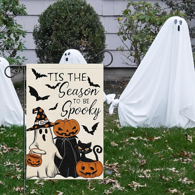 Halloween Garden Flag Tis the Season to be Spooky Ghost Pumpkins Black Cat Yard Flag 12x18 Inch Double Sided Holiday Yard Outdoor Decoration